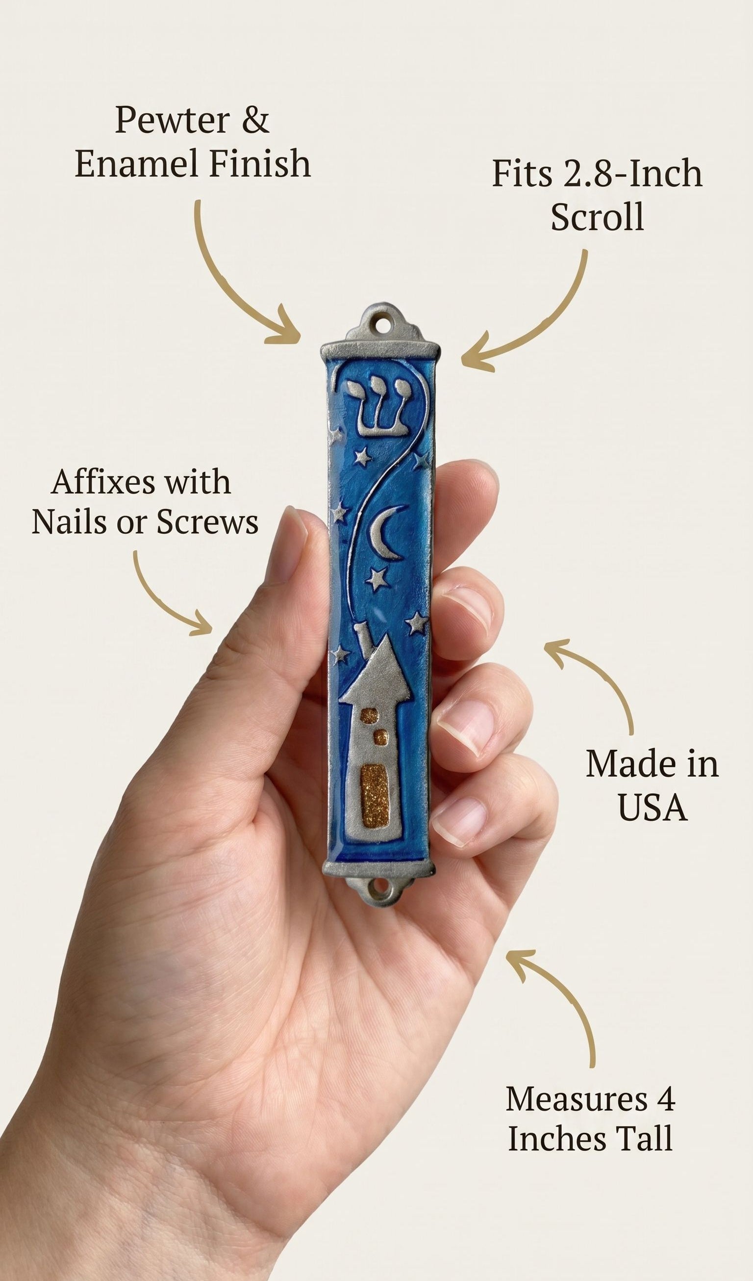 Person holding the pewter mezuzah in a natural pose, highlighting material, size, and traditional design details.