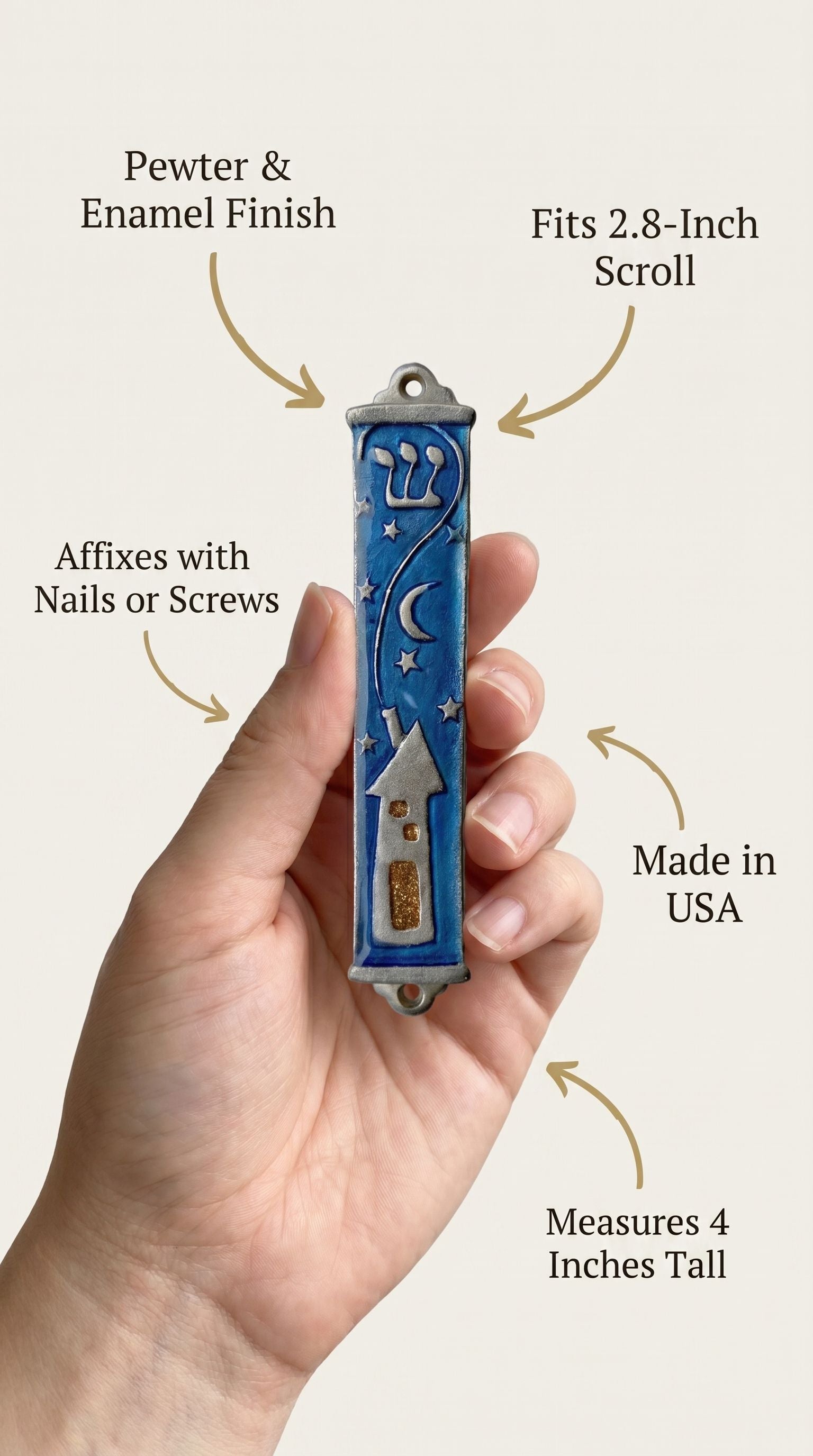 Person holding the pewter mezuzah in a natural pose, highlighting material, size, and traditional design details.