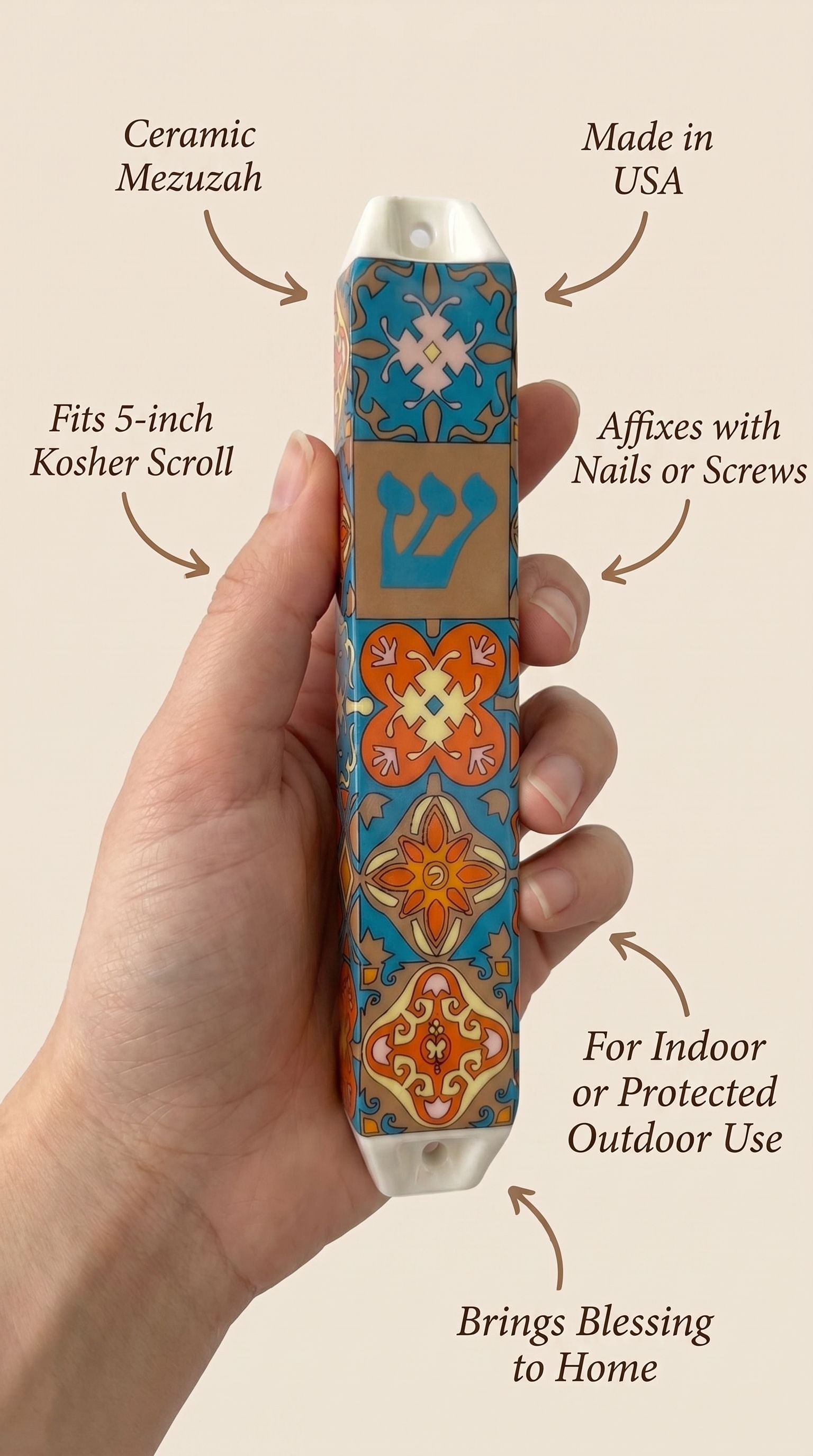 Person holding a ceramic Mezuzah showcasing size, material, and mounting details in a clean, minimalist layout.
