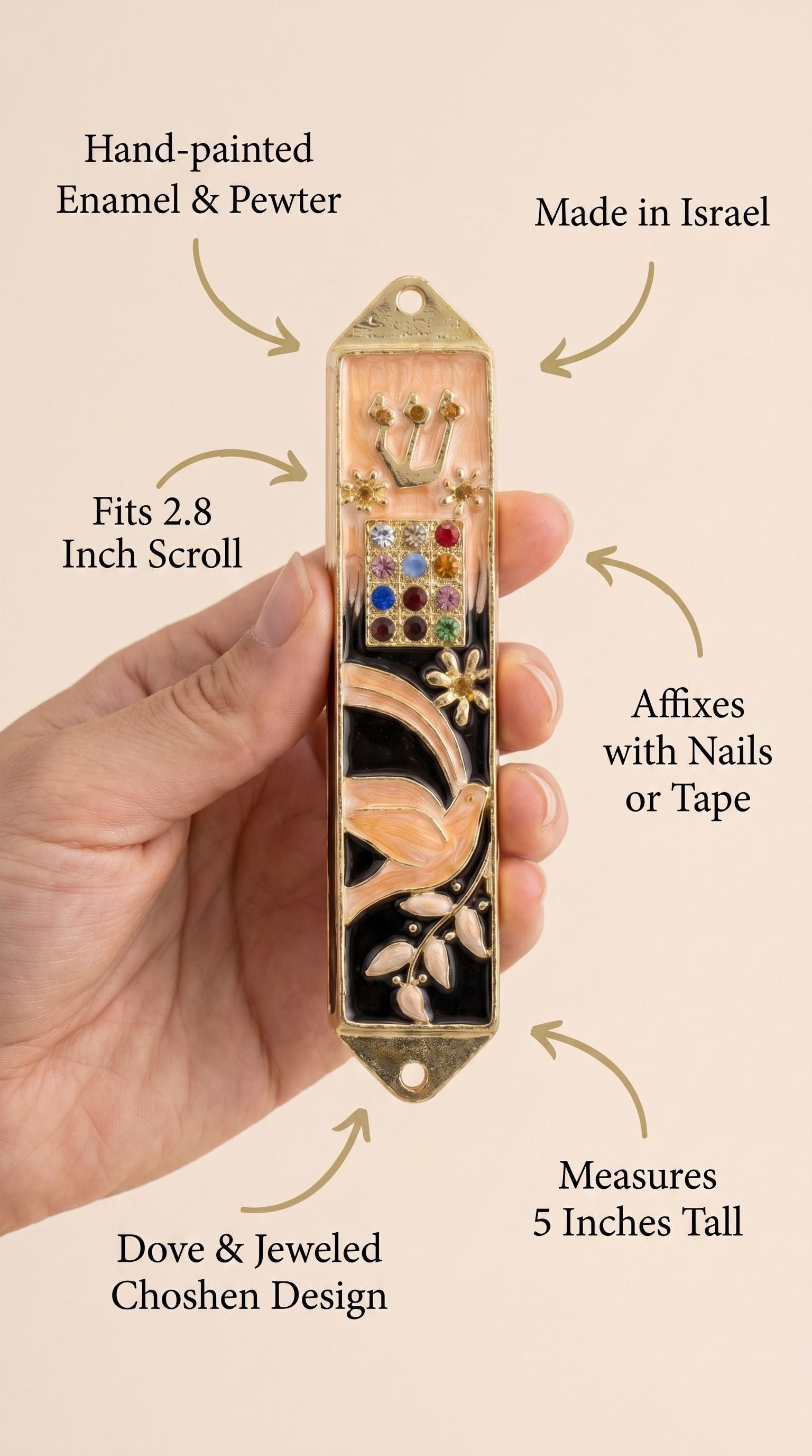 Person holding the mezuzah naturally, emphasizing its design and material details with a subtle, clean background for product focus.