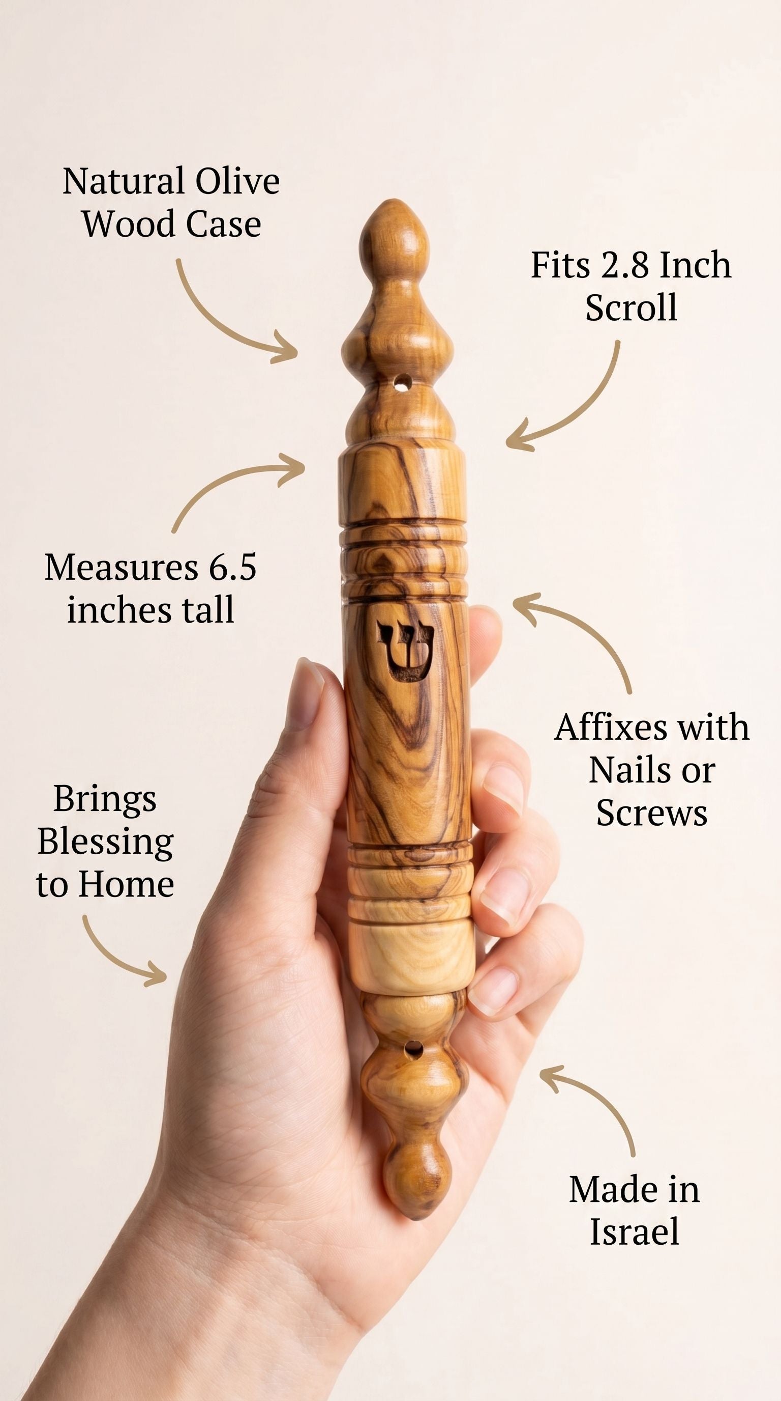 Person holding olive wood mezuzah, emphasizing craftsmanship and material details in a clean layout.
