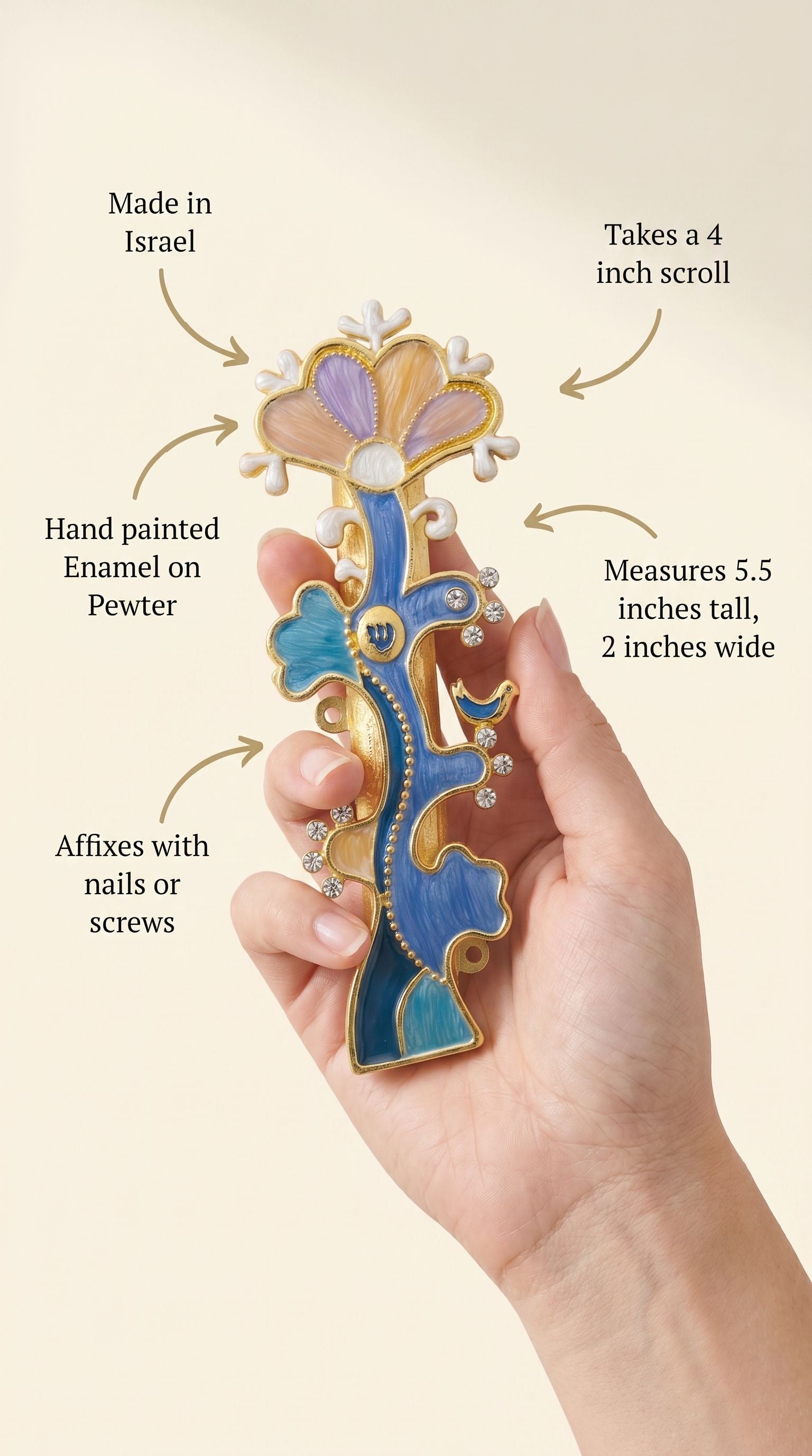 Person holding the enamel Tree of Life Mezuzah with focus on product details, material and design for promotional use