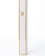 Lumen Gold-Framed White Acrylic Mezuzah shown upright with a narrow gold-toned border around its smooth white face and a matching Hebrew Shin above the midpoint