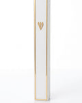 Lumen Gold-Framed White Acrylic Mezuzah shown upright with a narrow gold-toned border around its smooth white face and a matching Hebrew Shin above the midpoint