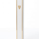 Lumen Gold-Framed White Acrylic Mezuzah shown upright with a narrow gold-toned border around its smooth white face and a matching Hebrew Shin above the midpoint