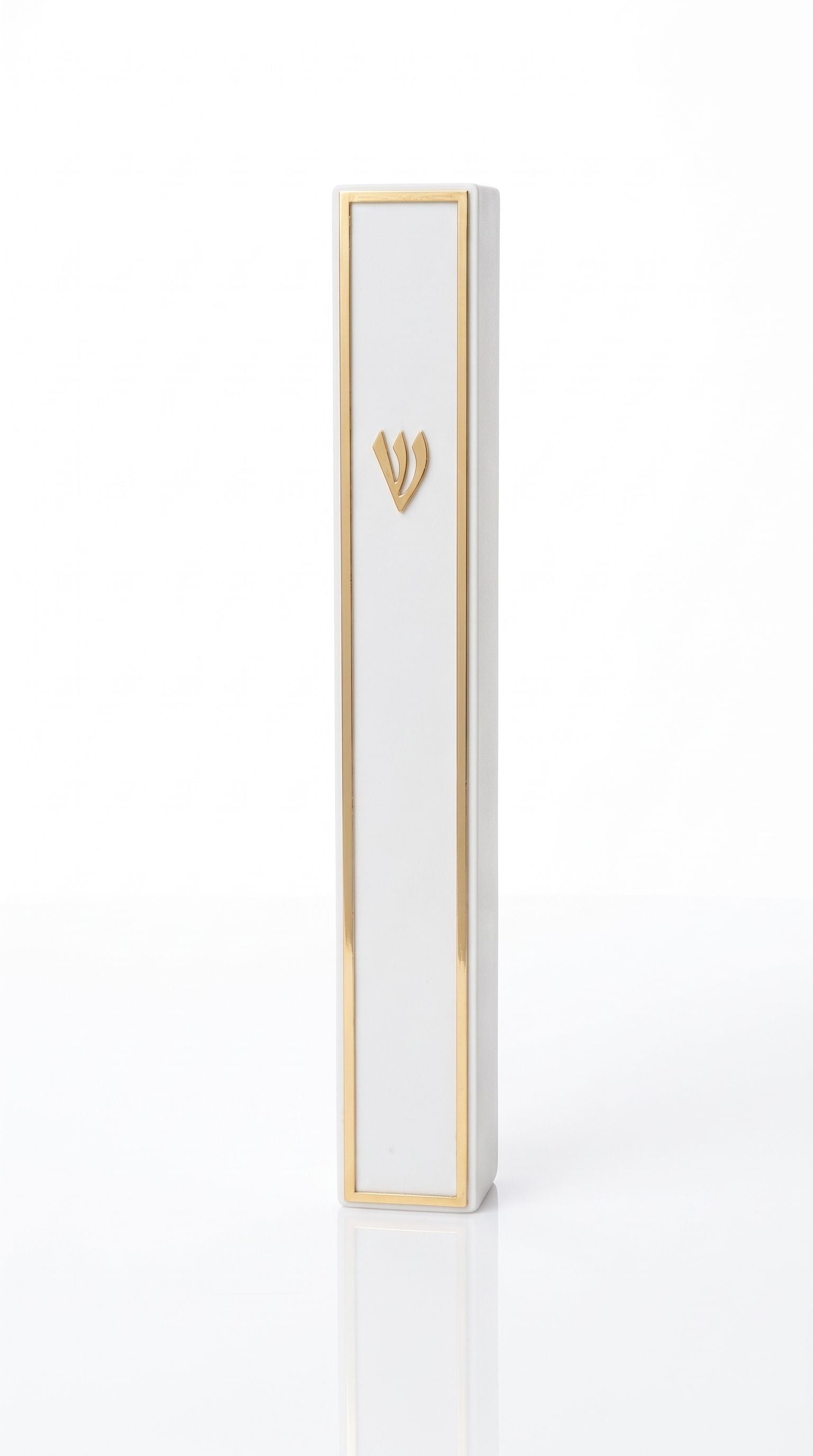 Lumen Gold-Framed White Acrylic Mezuzah shown upright with a narrow gold-toned border around its smooth white face and a matching Hebrew Shin above the midpoint