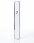 Lumen Silver-Framed White Acrylic Mezuzah standing upright with a narrow silver-toned frame around the smooth white front and a matching Hebrew silver Shin