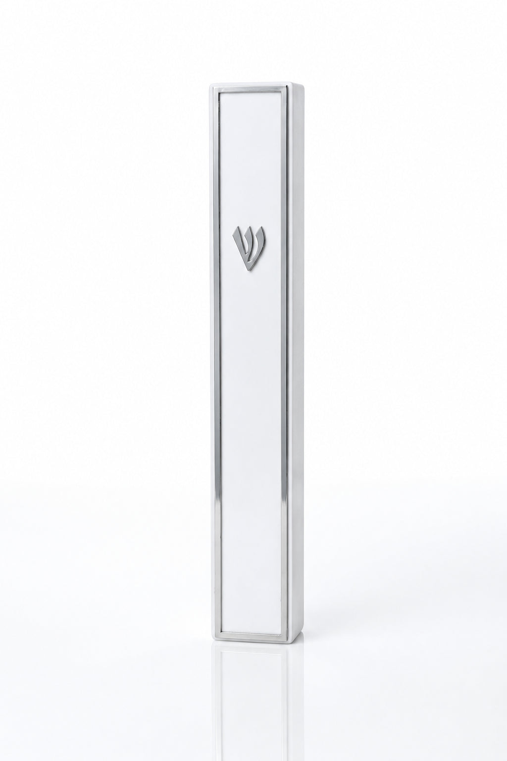 Lumen Silver-Framed White Acrylic Mezuzah standing upright with a narrow silver-toned frame around the smooth white front and a matching Hebrew silver Shin