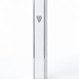 Lumen Silver-Framed White Acrylic Mezuzah standing upright with a narrow silver-toned frame around the smooth white front and a matching Hebrew silver Shin