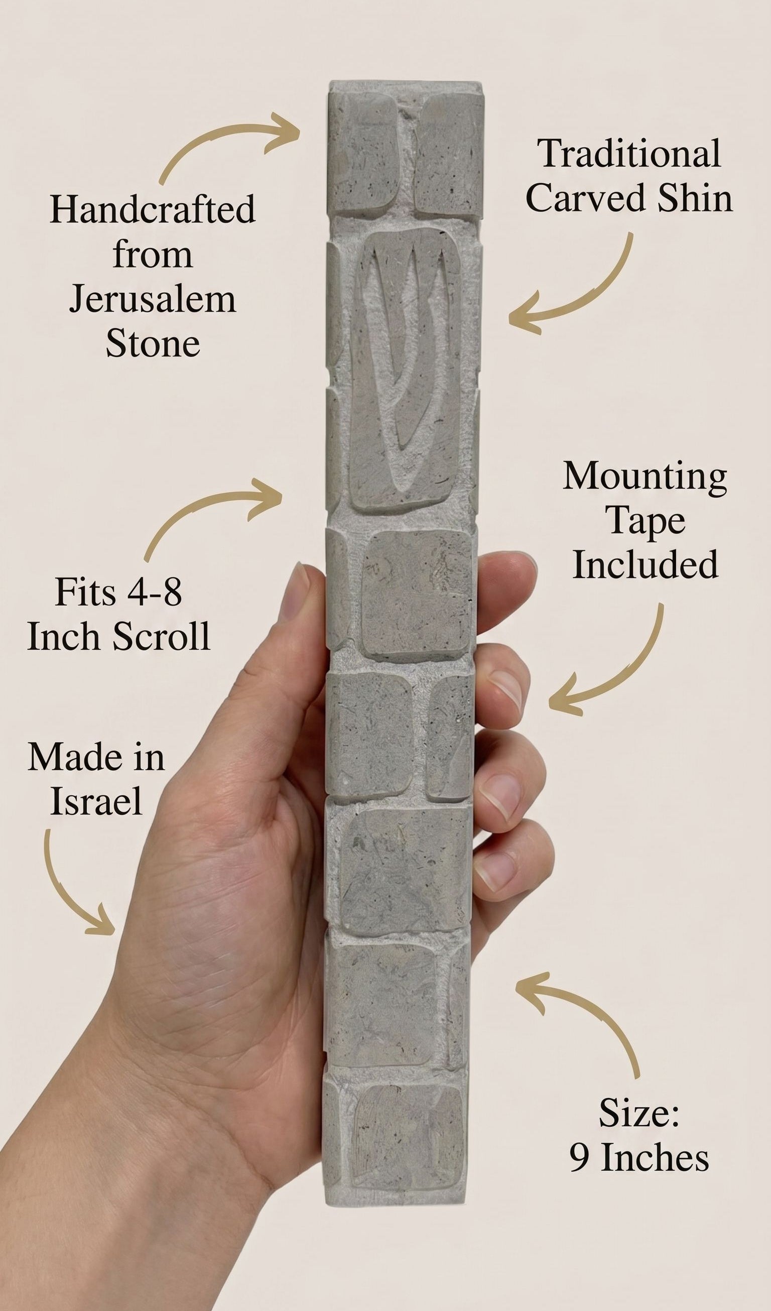 Clean callout image of a person holding the Jerusalem stone mezuzah, showcasing material and craftsmanship subtly and stylishly.
