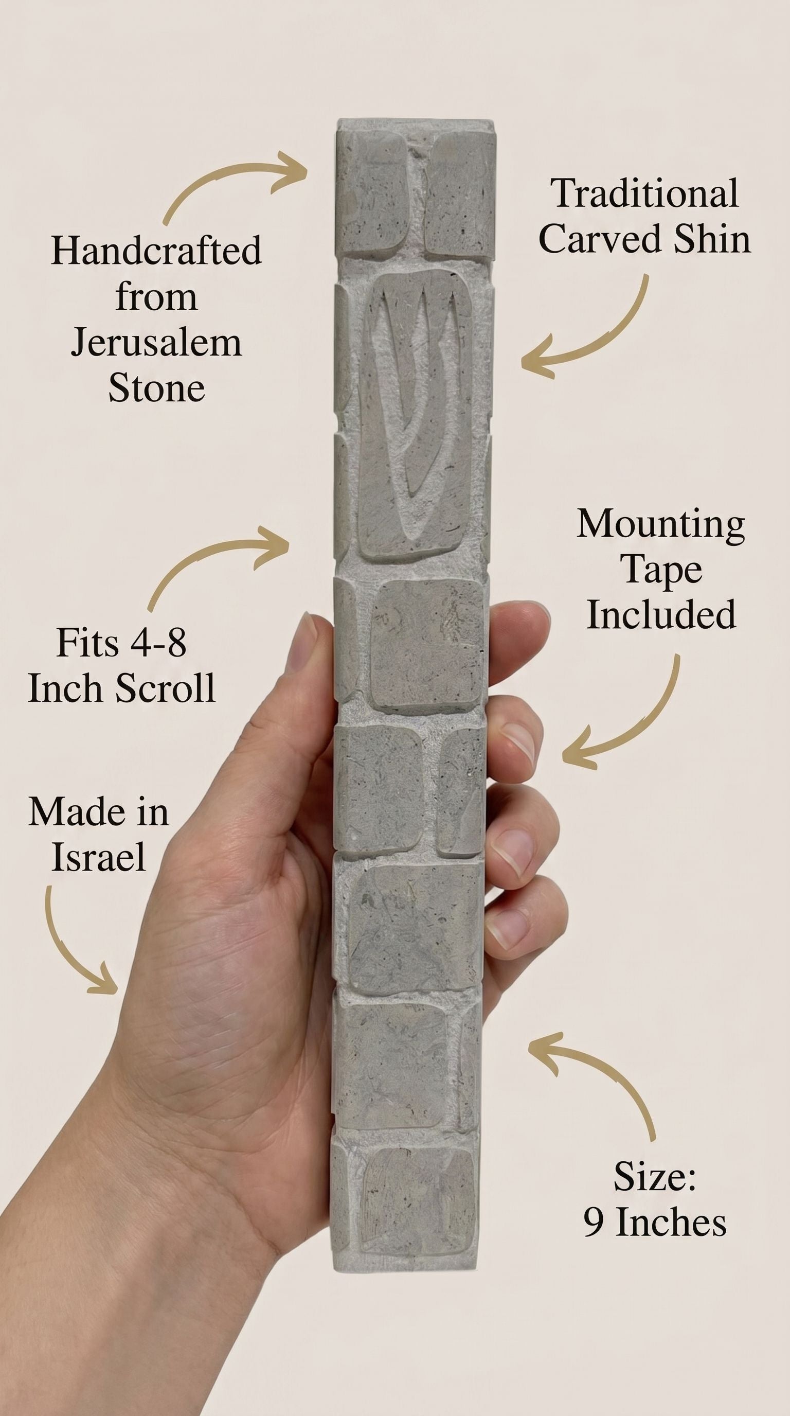 Clean callout image of a person holding the Jerusalem stone mezuzah, showcasing material and craftsmanship subtly and stylishly.
