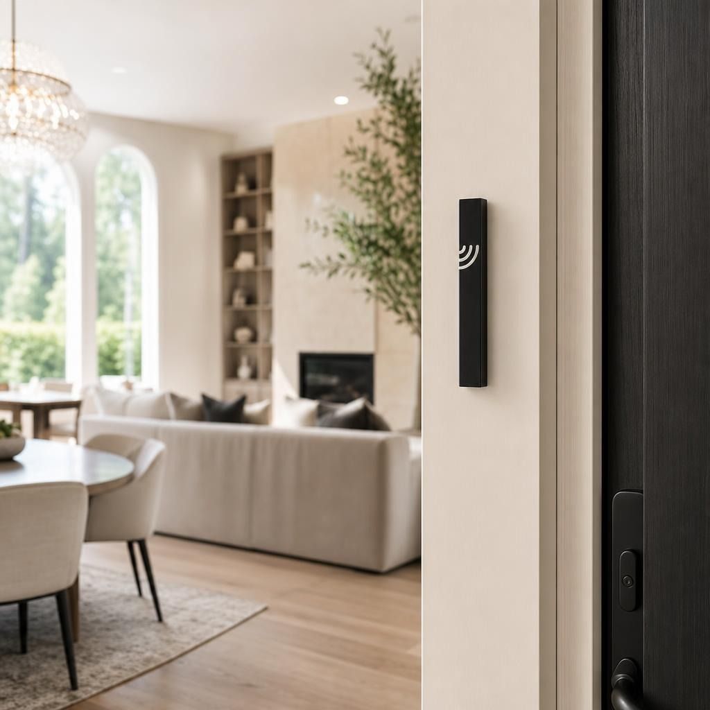 Minimalist Wave black aluminum mezuzah cover mounted on a modern doorpost with a waterproof profile and curved silver Shin detail