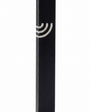 Minimalist Wave black aluminum mezuzah case on a white background with a slim matte-black body and a flowing silver Hebrew Shin