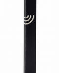 Minimalist Wave black aluminum mezuzah case on a white background with a slim matte-black body and a flowing silver Hebrew Shin