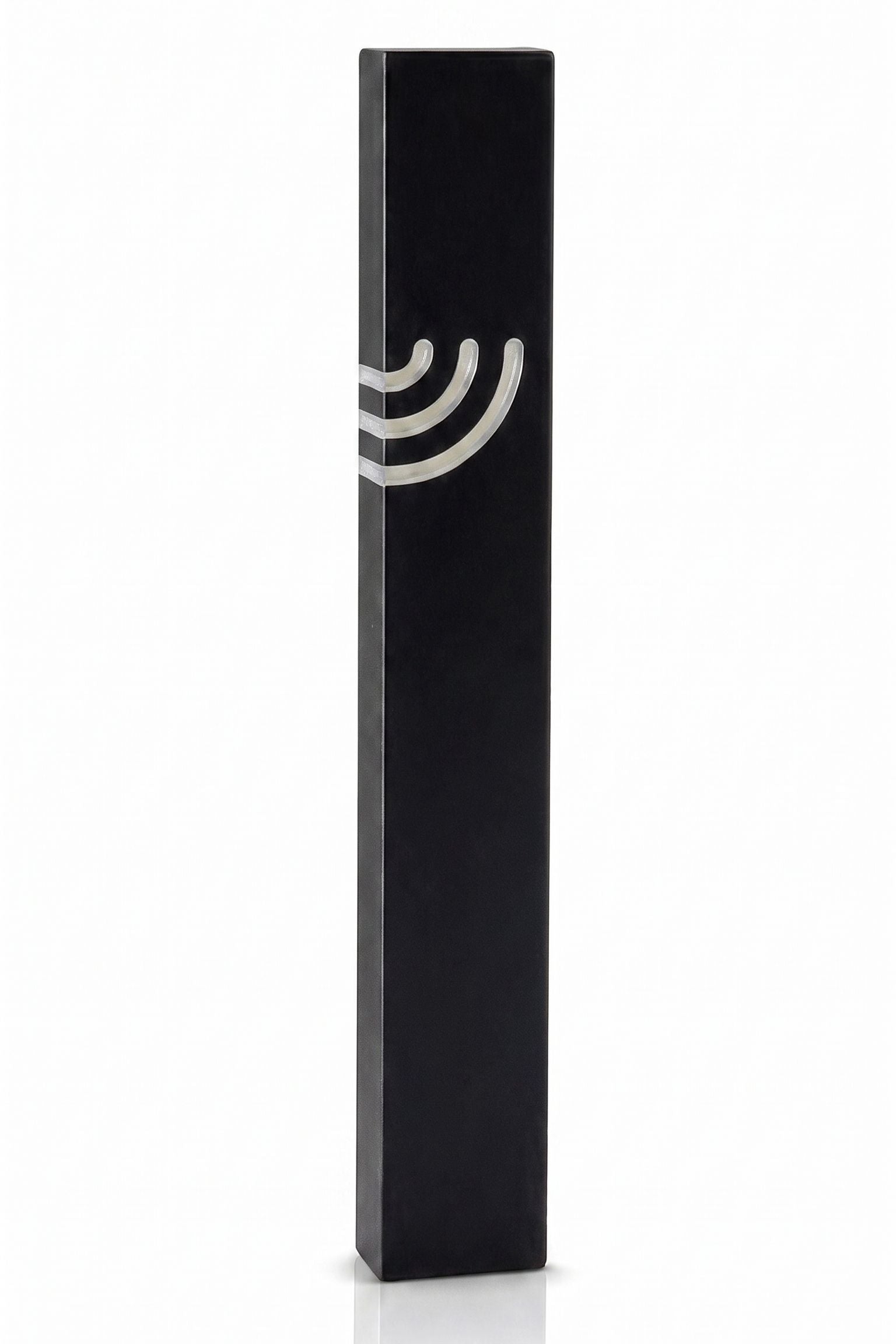 Minimalist Wave black aluminum mezuzah case on a white background with a slim matte-black body and a flowing silver Hebrew Shin
