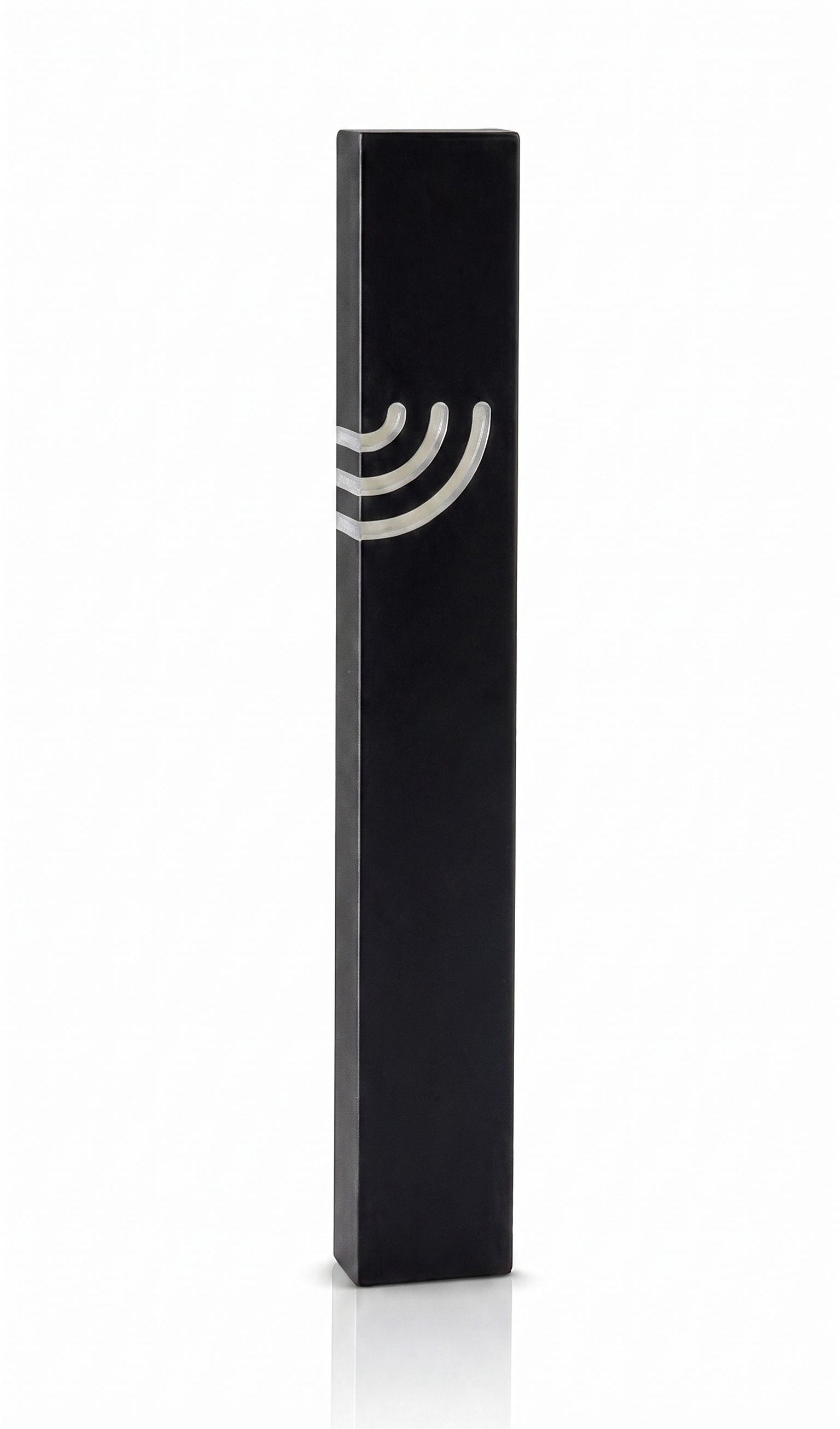 Minimalist Wave black aluminum mezuzah case on a white background with a slim matte-black body and a flowing silver Hebrew Shin