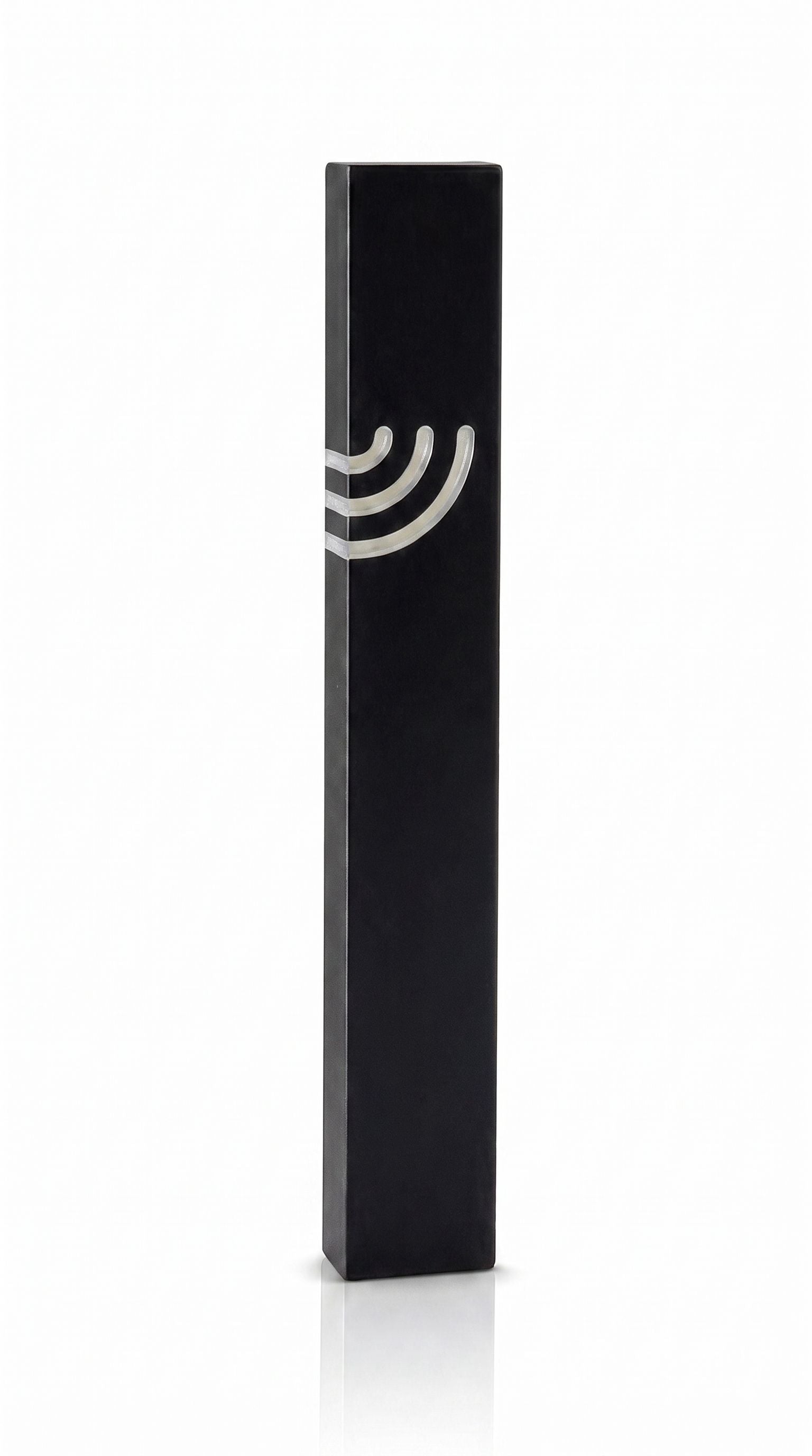 Minimalist Wave black aluminum mezuzah case on a white background with a slim matte-black body and a flowing silver Hebrew Shin