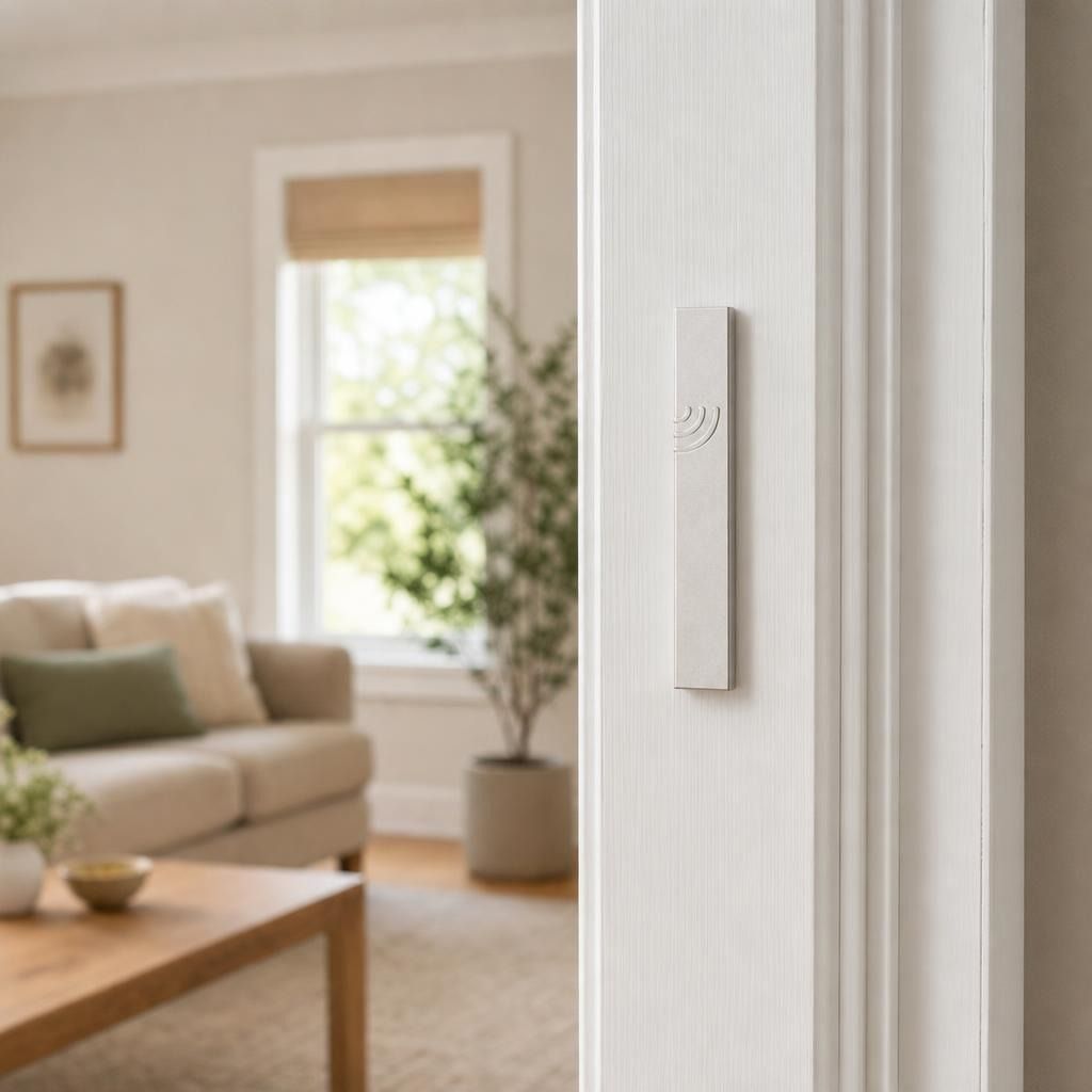 Minimalist Wave silver aluminum mezuzah cover mounted on a modern doorpost with a waterproof profile and curved Shin detail