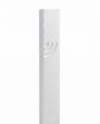Minimalist Wave silver aluminum mezuzah case on a white background with a slim metallic body and a flowing modern Hebrew Shin
