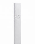 Minimalist Wave silver aluminum mezuzah case on a white background with a slim metallic body and a flowing modern Hebrew Shin