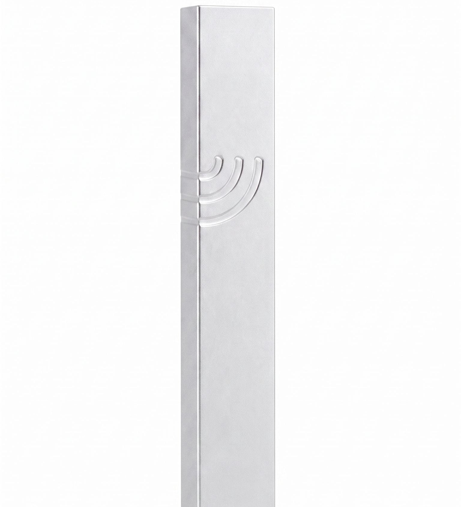 Minimalist Wave silver aluminum mezuzah case on a white background with a slim metallic body and a flowing modern Hebrew Shin