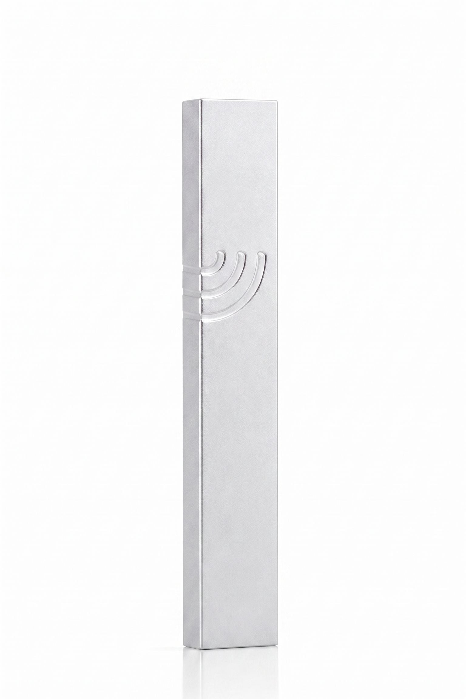Minimalist Wave silver aluminum mezuzah case on a white background with a slim metallic body and a flowing modern Hebrew Shin