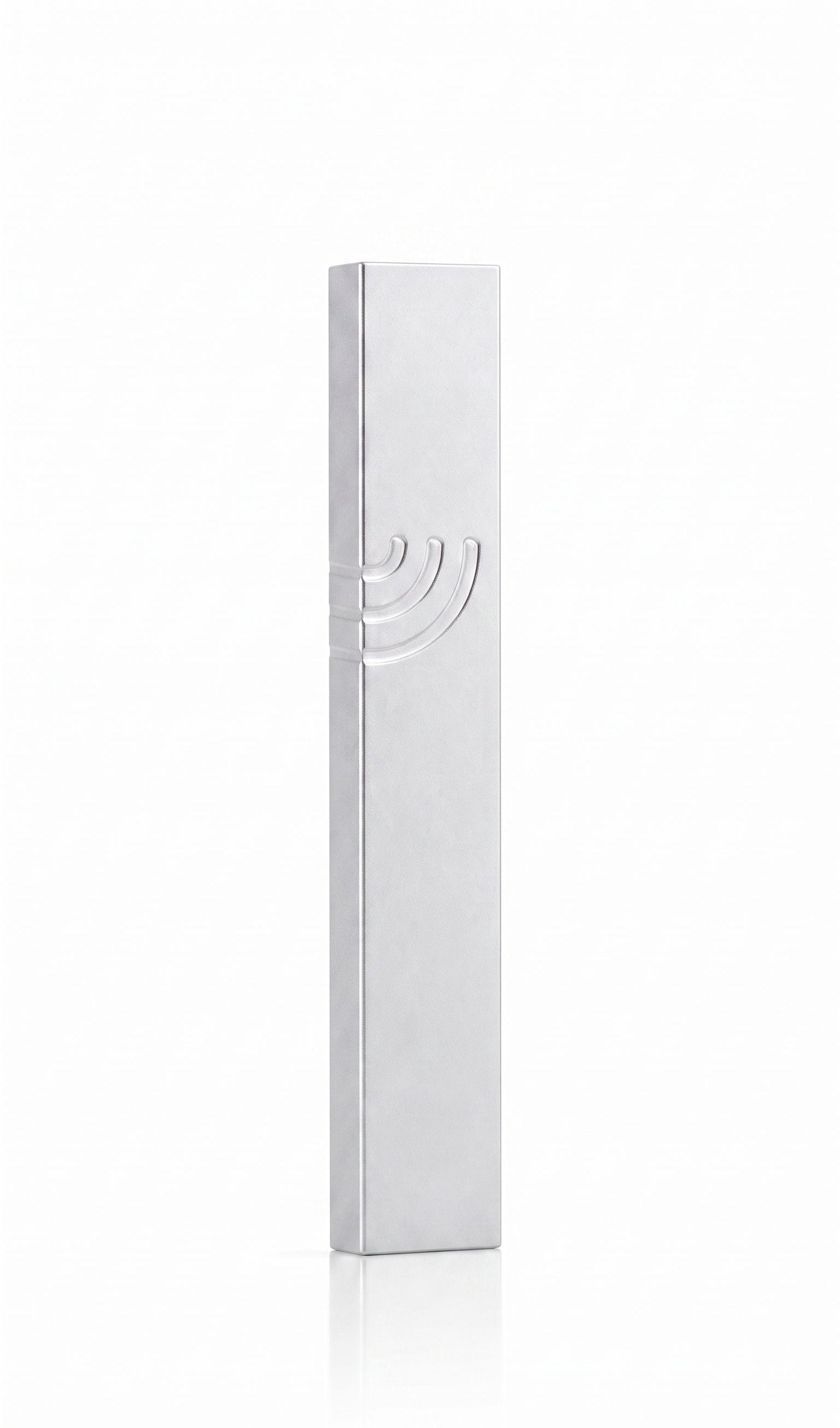 Minimalist Wave silver aluminum mezuzah case on a white background with a slim metallic body and a flowing modern Hebrew Shin