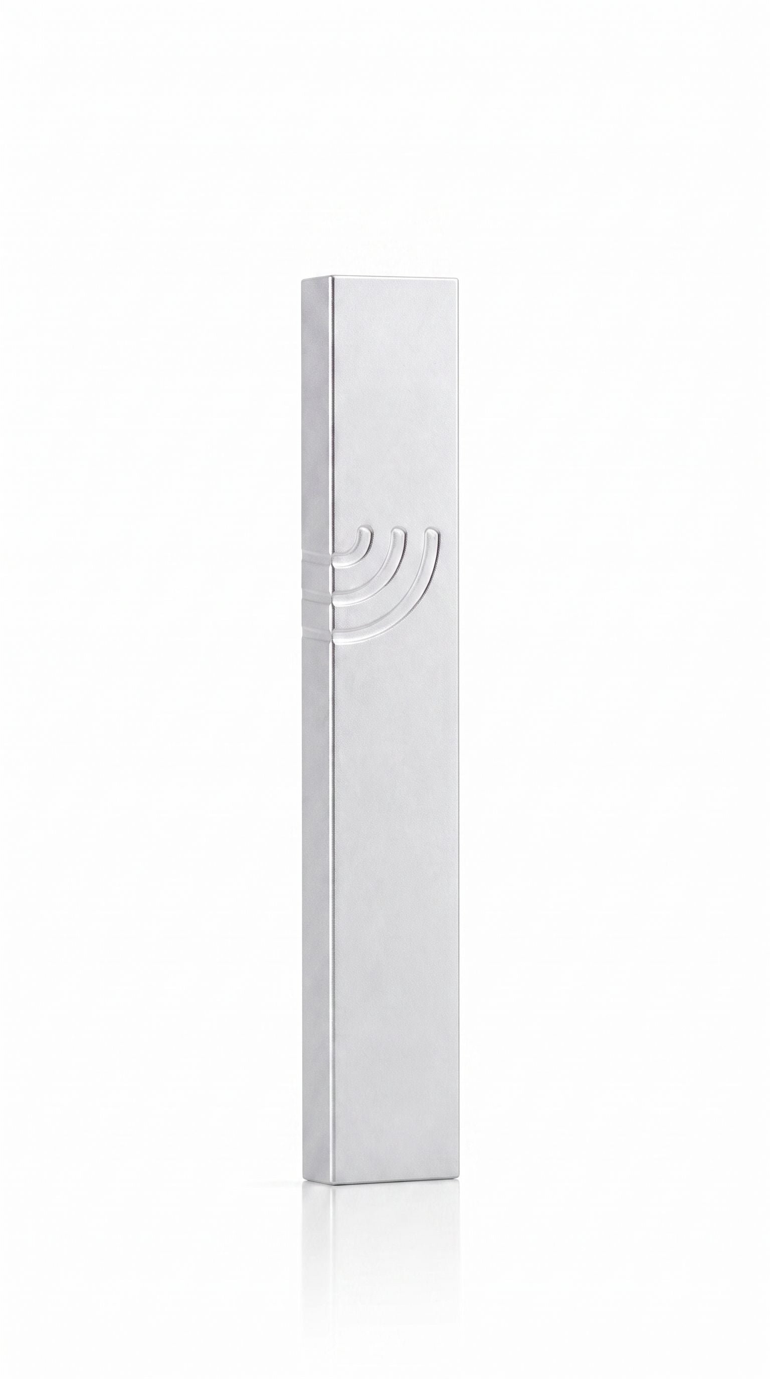Minimalist Wave silver aluminum mezuzah case on a white background with a slim metallic body and a flowing modern Hebrew Shin