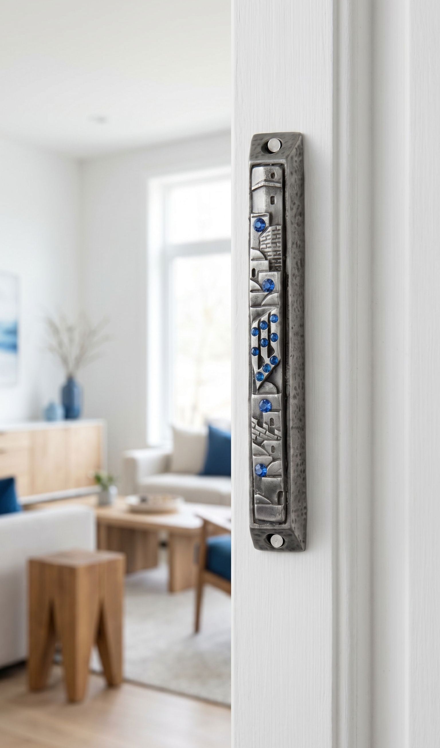 Sapphire Cityline pewter mezuzah with blue gemstone accents and city-inspired relief on interior doorway