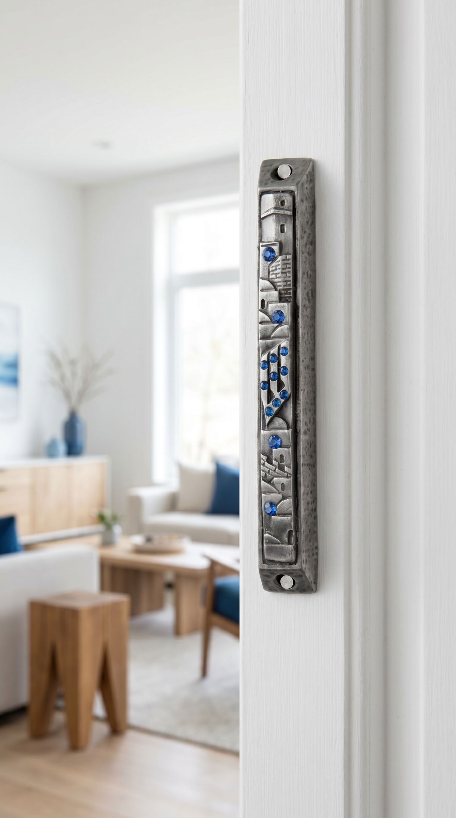 Sapphire Cityline pewter mezuzah with blue gemstone accents and city-inspired relief on interior doorway