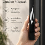 sculpted silver Shin with a polished finish against the smooth black face of the waterproof seven-inch acrylic mezuzah case, suitable for modern outdoor doorposts