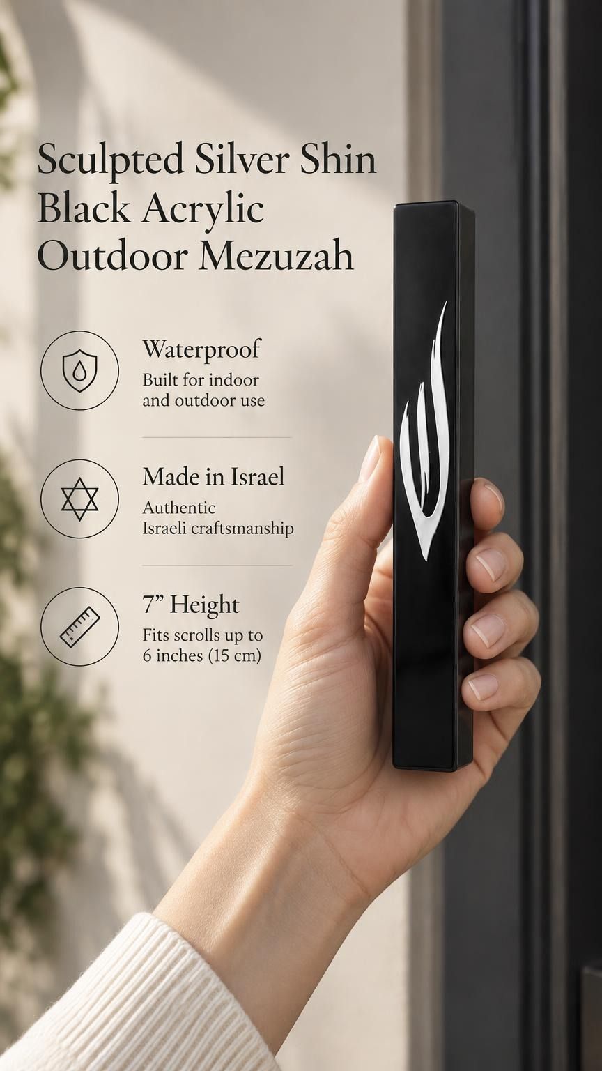 sculpted silver Shin with a polished finish against the smooth black face of the waterproof seven-inch acrylic mezuzah case, suitable for modern outdoor doorposts