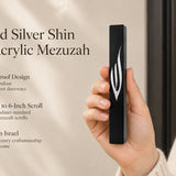 hand holding the modern Sculpted Silver Shin Black Acrylic Outdoor Mezuzah, a waterproof Israeli case for modern front entrances