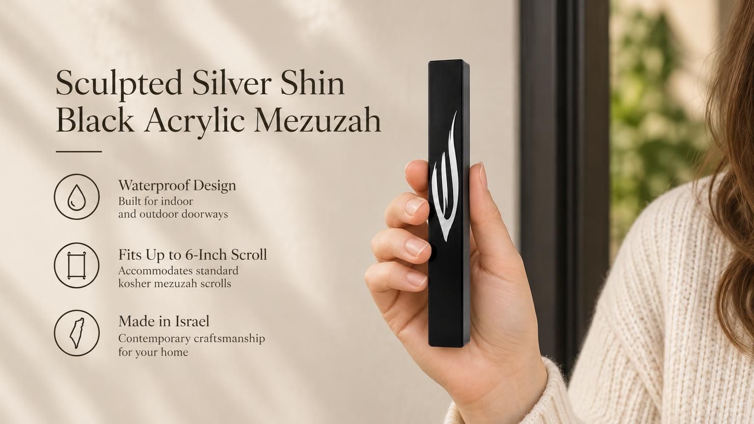hand holding the modern Sculpted Silver Shin Black Acrylic Outdoor Mezuzah, a waterproof Israeli case for modern front entrances