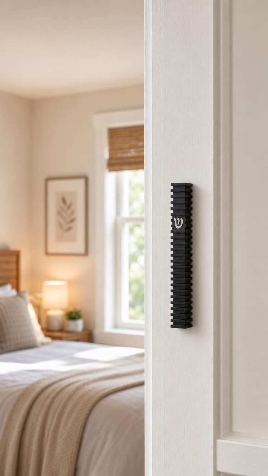 Modern Black Steps aluminum mezuzah mounted on a white bedroom doorpost, featuring a narrow architectural black profile, repeating horizontal fins, and a centered silver Shin in a warm contemporary interior