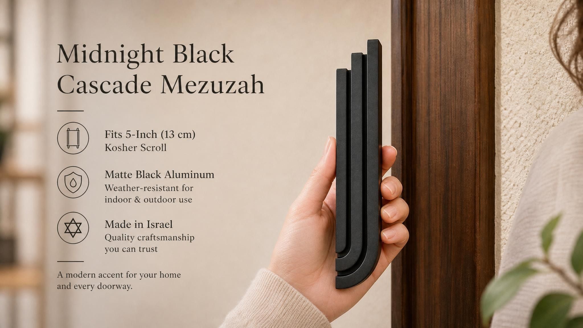Person holding the Midnight Black Cascade Mezuzah showing detail and texture for online listing.