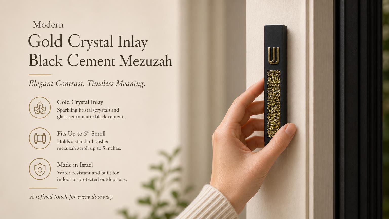 Hand holding a Modern Gold Crystal Inlay Black Cement Mezuzah case with a raised gold Shin and luminous gold crystal and glass inlay, showing the dramatic contrast between the matte black cement body and reflective golden decorative stones