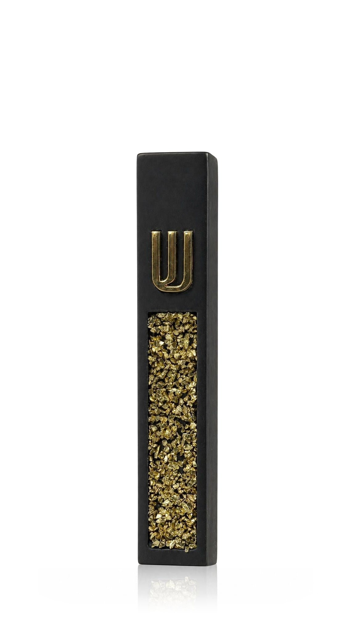 Modern black cement mezuzah cover with a shimmering gold crystal and glass inlay beneath a raised gold Hebrew Shin, bringing rich metallic sparkle and dramatic color contrast to an elegant contemporary Jewish doorway design