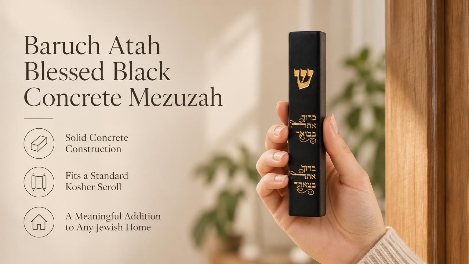 Close-up of a hand holding a black concrete mezuzah case featuring a gold Shin and Hebrew blessing text.
