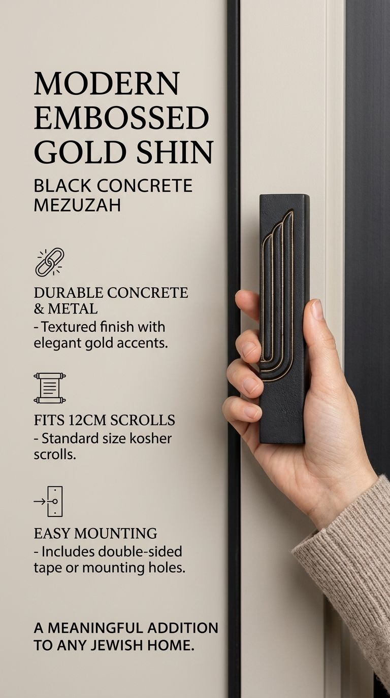 A hand holds a modern black concrete mezuzah case featuring a raised embossed Hebrew Shin with elegant gold trim.