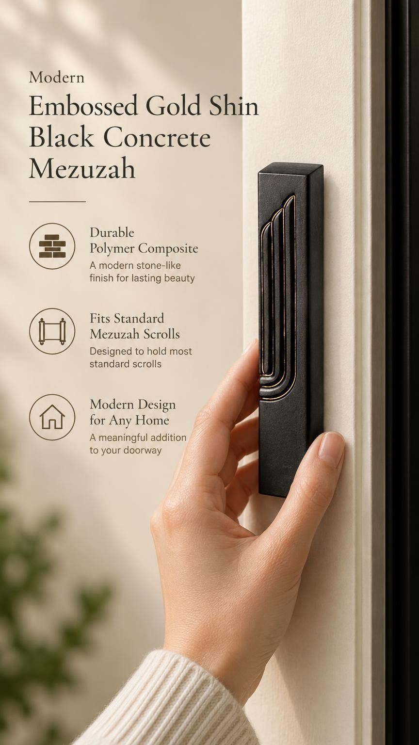 Person holding a matte black concrete mezuzah case featuring an embossed gold-edged Hebrew Shin letter.