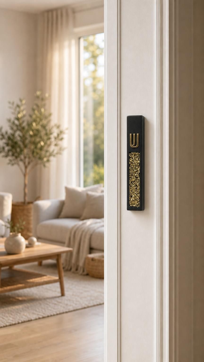 Modern Gold Crystal Inlay Black Cement Mezuzah mounted vertically on a residential doorpost, showing the slim matte black case, raised gold Shin, and shimmering golden crystal and glass inlay against a bright contemporary home interior