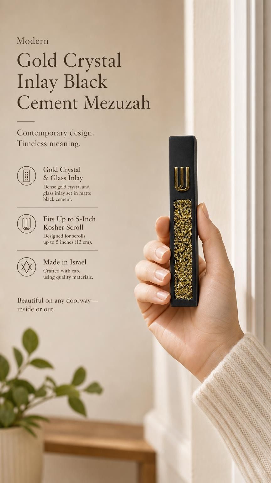 Handheld modern black cement mezuzah case with a raised gold Shin and sparkling gold crystal and glass inlay, shown beside product information in a warm neutral setting to illustrate the case scale, dark cement finish, and decorative gold accents
