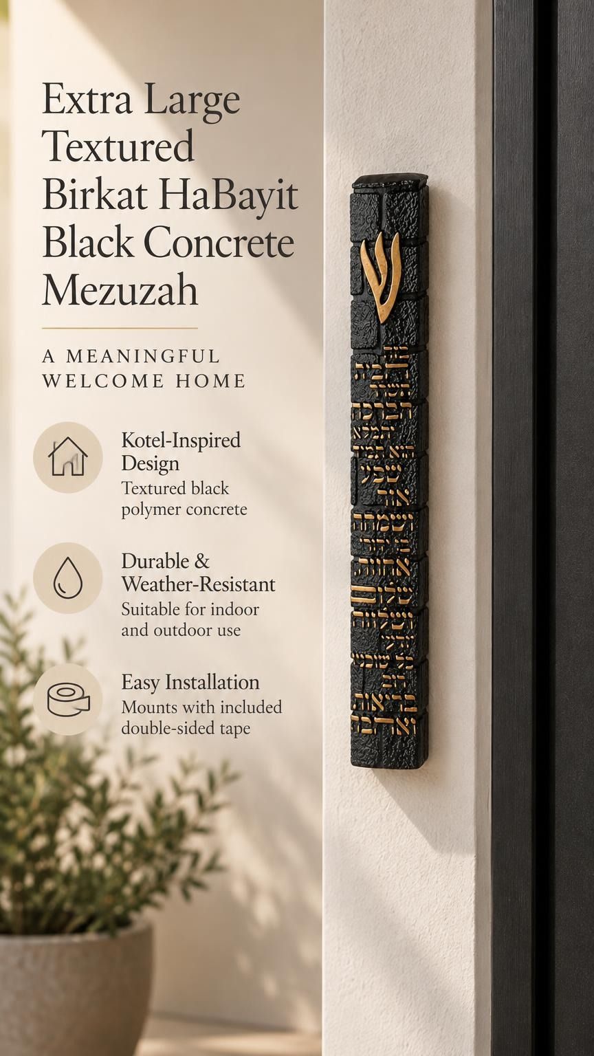 Extra large black Birkat HaBayit concrete mezuzah mounted on a front doorpost, showing its 8.5-inch height and raised gold Hebrew details