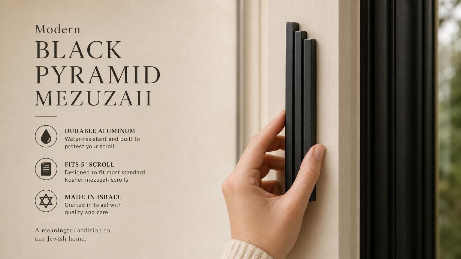 Person holding the black aluminum pyramid mezuzah cover on a doorpost