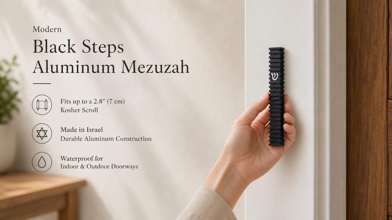 holding the Modern Black Steps aluminum mezuzah case beside a doorway, showing the slim layered black design and silver Shin, with Made in Israel construction, waterproof indoor and outdoor use, and fit for up to a 2.8-inch kosher mezuzah scroll