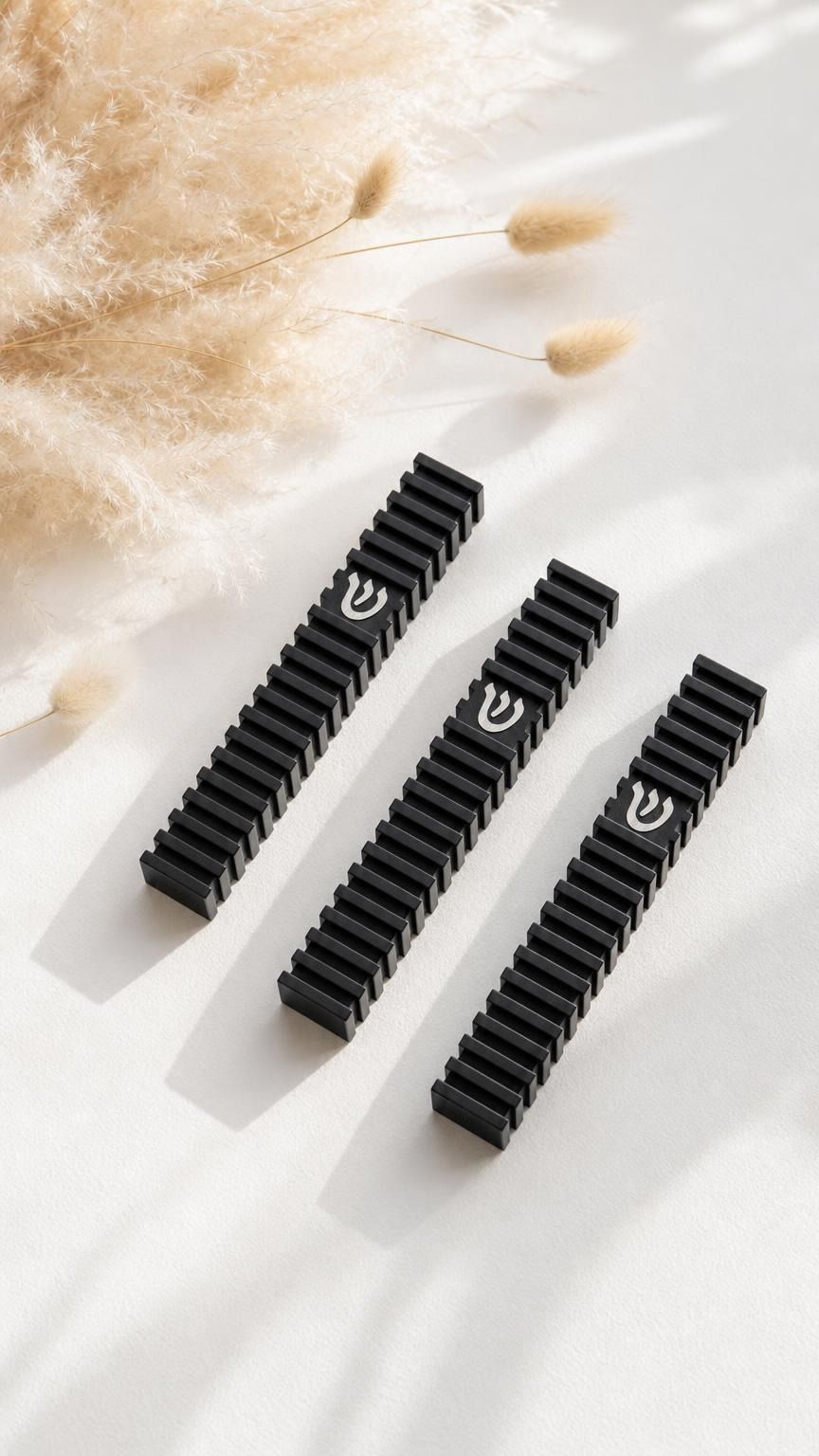 Three Modern Black Steps aluminum mezuzah cases arranged on a warm neutral surface with dried florals, showing the repeated architectural black fins and contrasting silver Hebrew Shin on each modern Israeli mezuzah