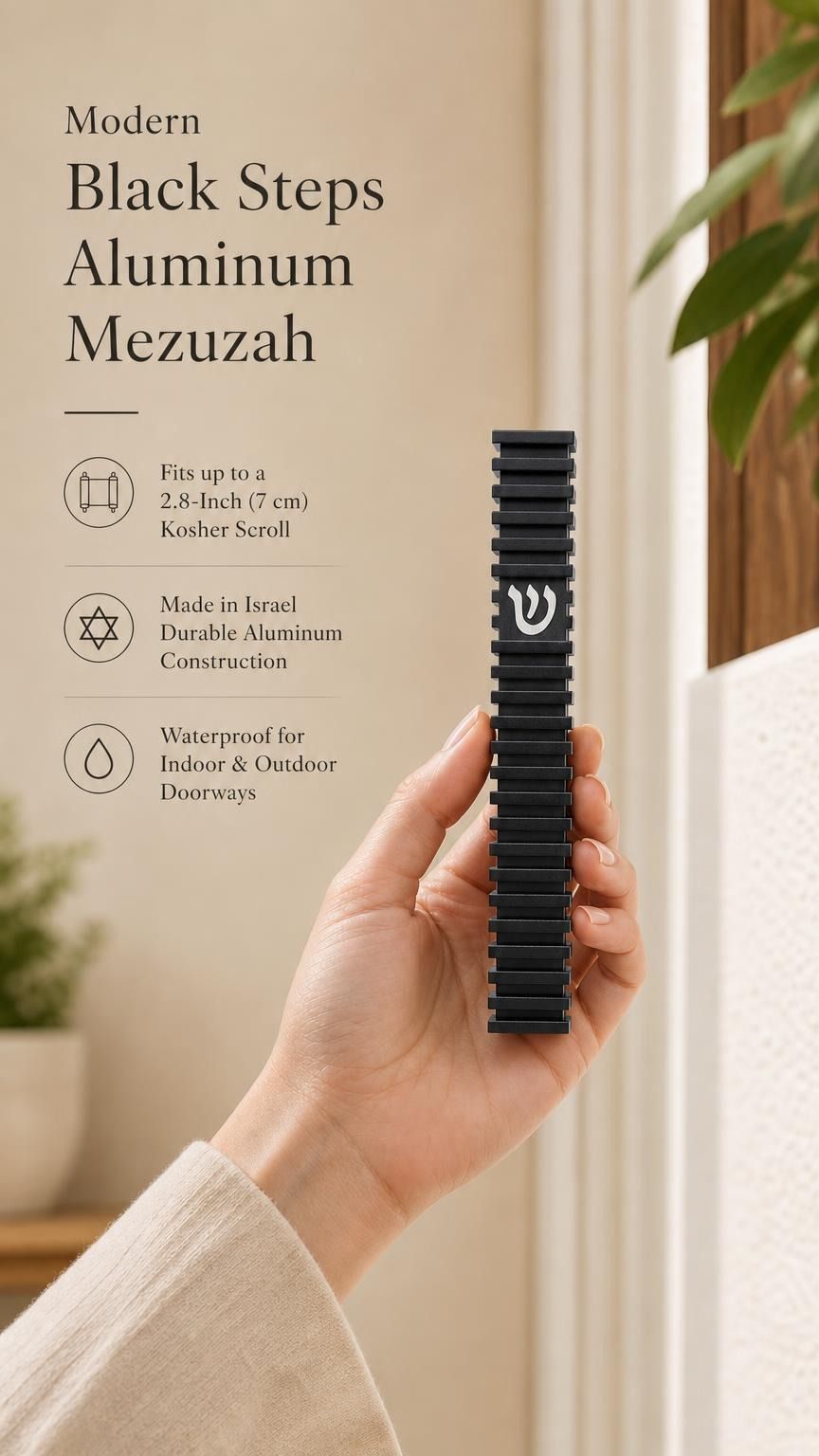 Hand holding the Modern Black Steps waterproof aluminum mezuzah case beside a doorway, showing its slim black stepped body and silver Shin; made in Israel and designed to fit up to a 2.8-inch kosher mezuzah scroll