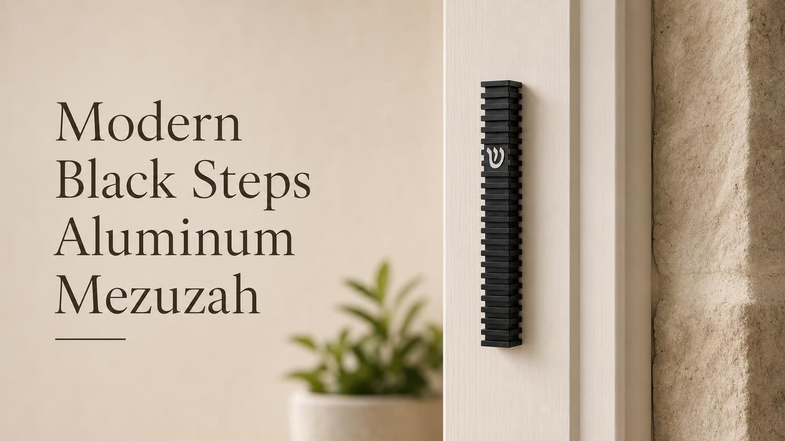 Modern Black Steps waterproof aluminum mezuzah case mounted vertically on a light-colored doorpost, featuring layered architectural black fins and a contrasting silver Hebrew Shin, made in Israel for modern indoor and outdoor Jewish doorways