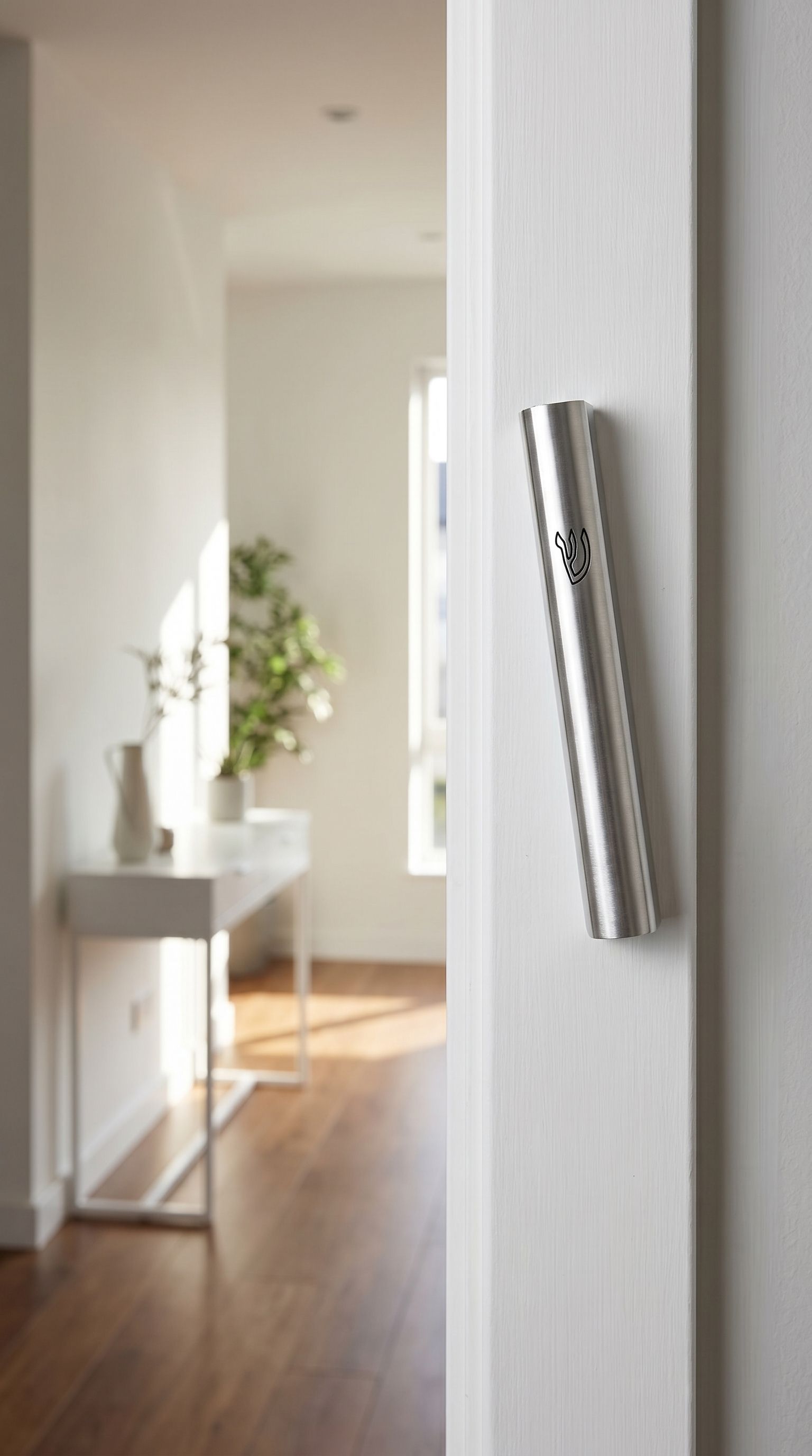 Modern brushed silver aluminum mezuzah mounted on a doorway in a contemporary interior, slim design with understated Shin detail.